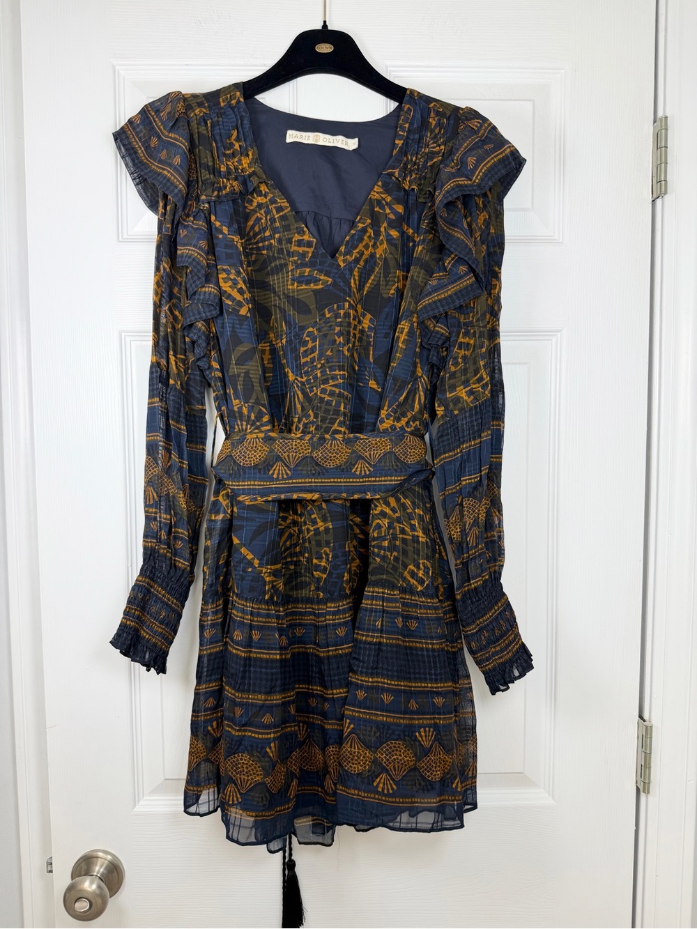 Marie Oliver Size XS • Navy Blue Orange Belted Mini Dress.